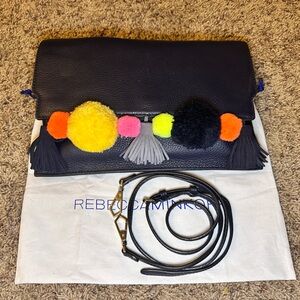 Rebecca Minkoff dark blue Leather Clutch with Pom Poms